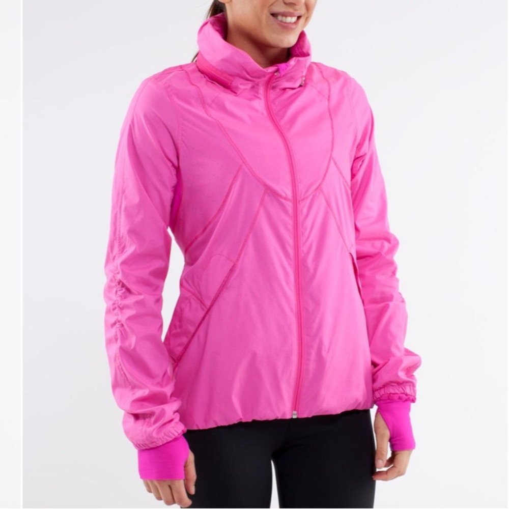 Lululemon Run Hustle Jacket White Paris Pink Microstripe Thumbholes Size 8